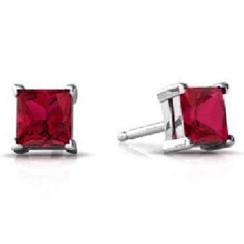 14Kt White Gold Ruby Princess Cut Stud Earrings