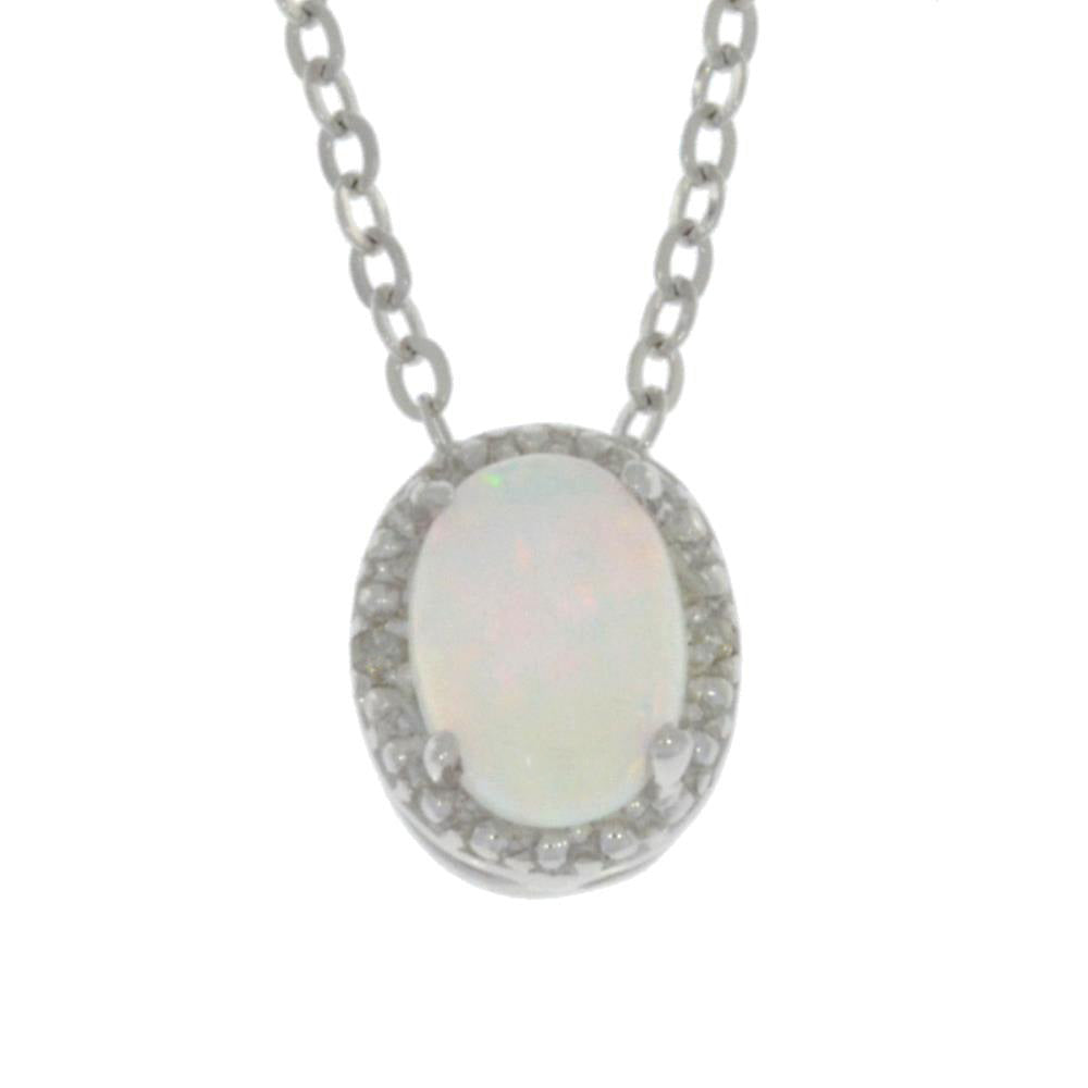 Genuine Opal & Diamond Oval Pendant .925 Sterling Silver