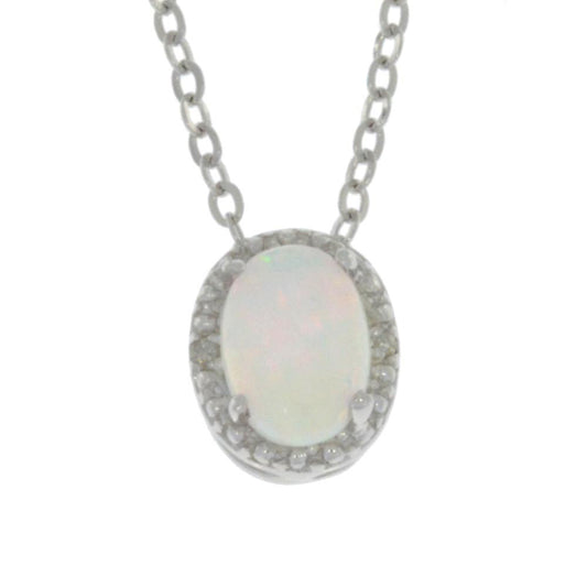 Genuine Opal & Diamond Oval Pendant .925 Sterling Silver