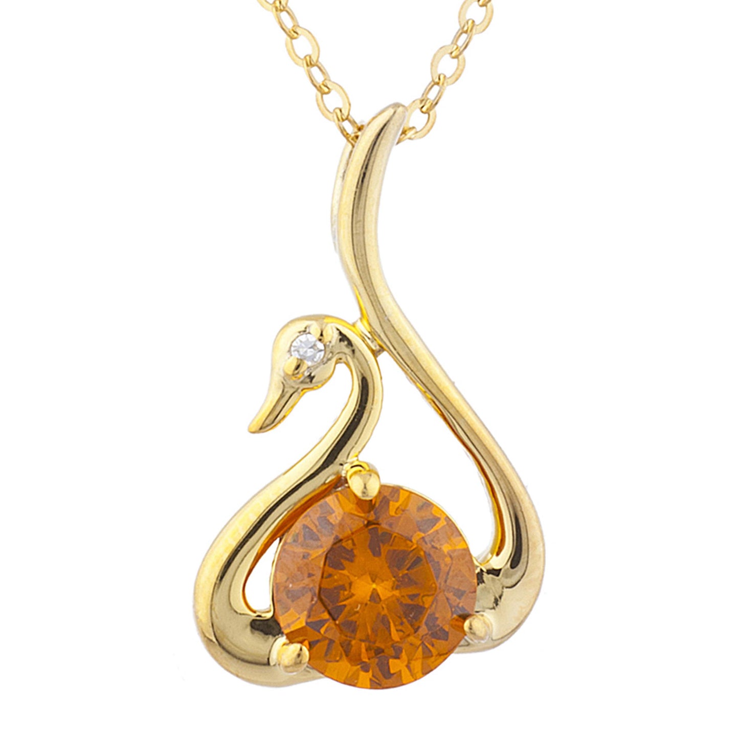 14Kt Yellow Gold Plated Orange Citrine & Diamond Swan Pendant