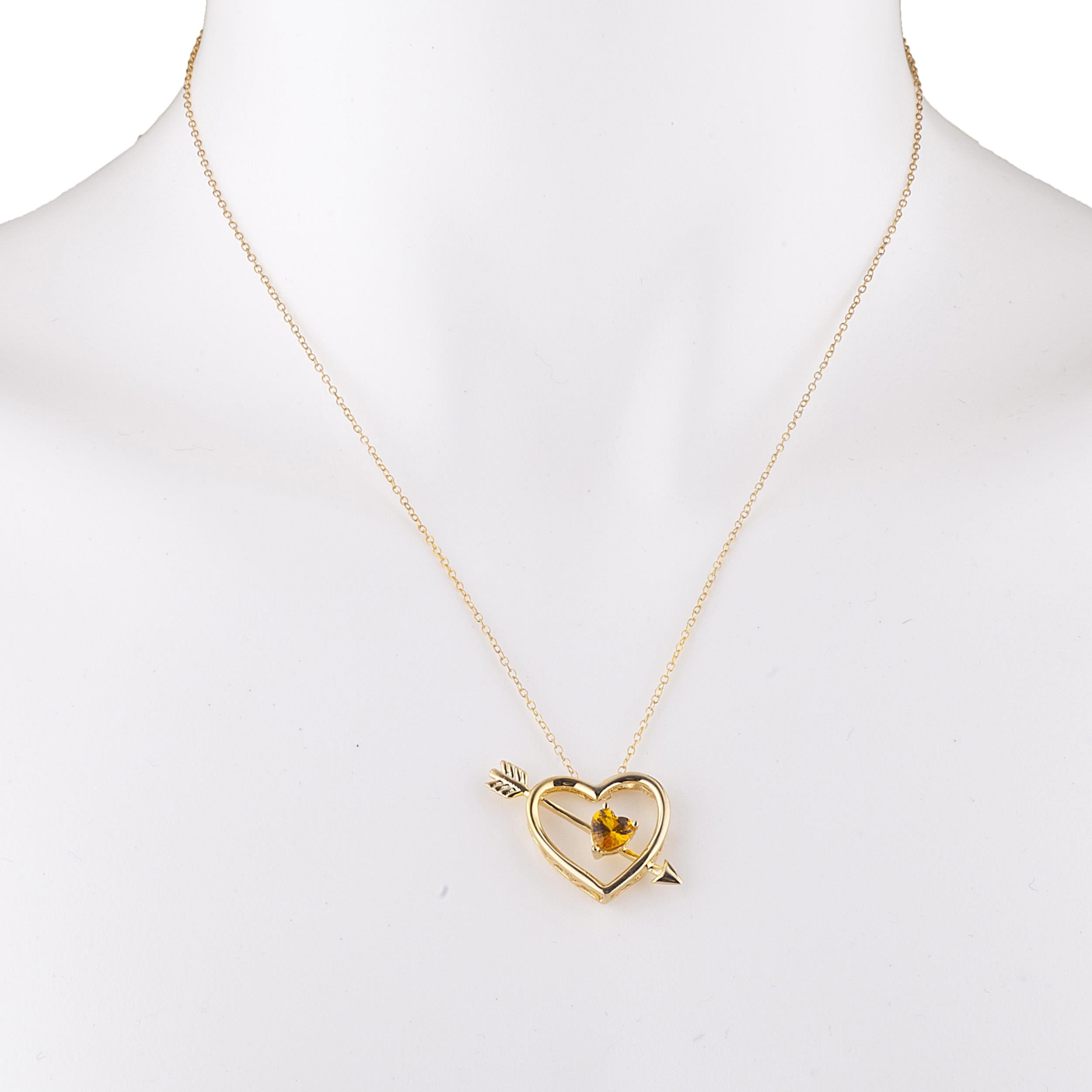 14Kt Gold Yellow Citrine Heart Bow & Arrow Pendant Necklace