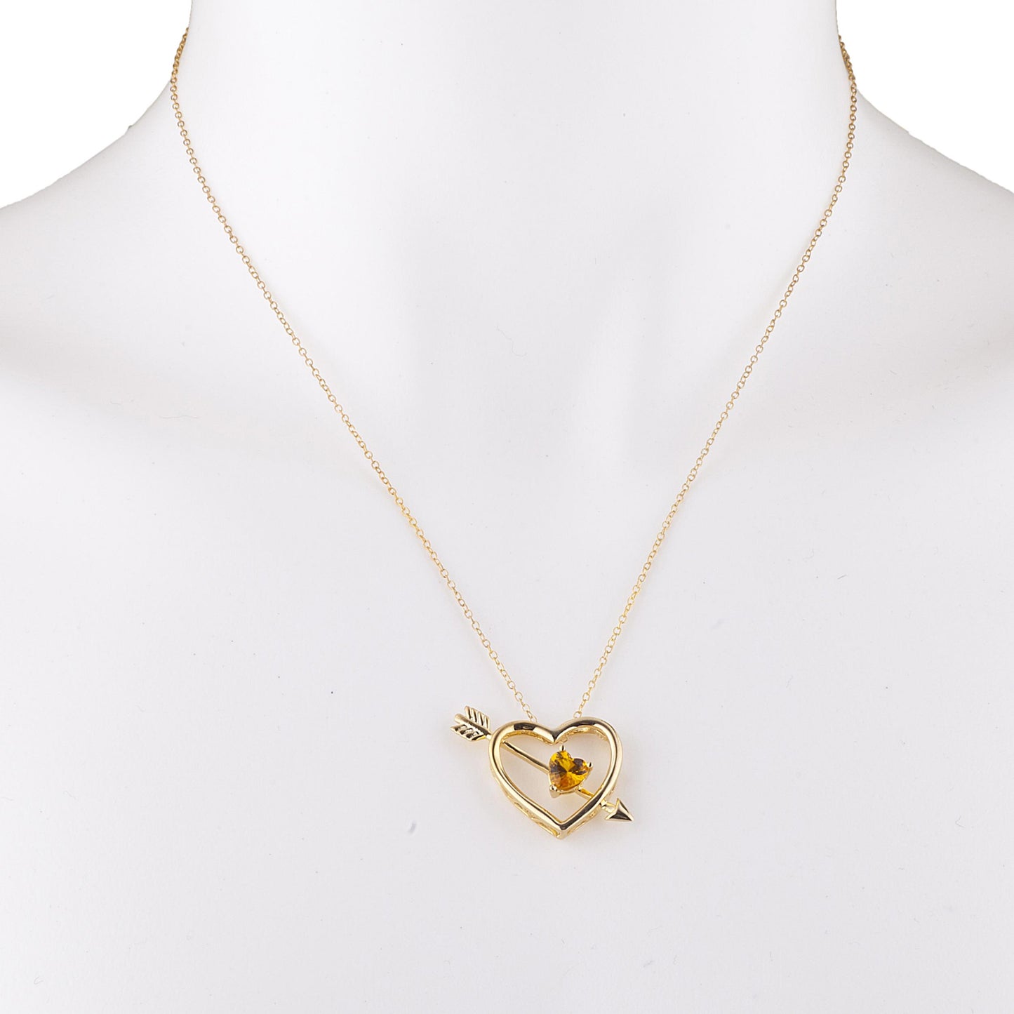 14Kt Gold Yellow Citrine Heart Bow & Arrow Pendant Necklace