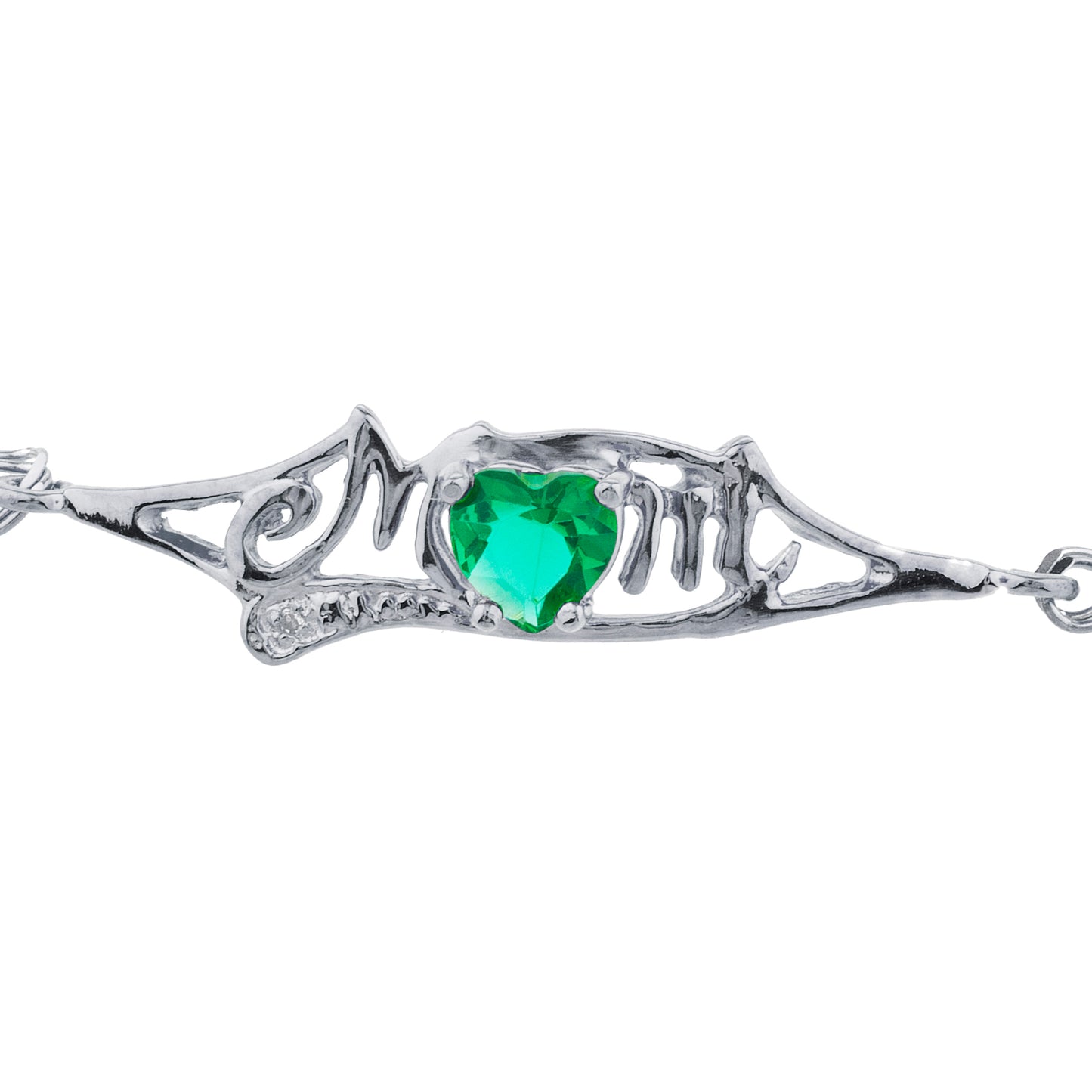 Emerald & Diamond Heart Mom Bracelet .925 Sterling Silver