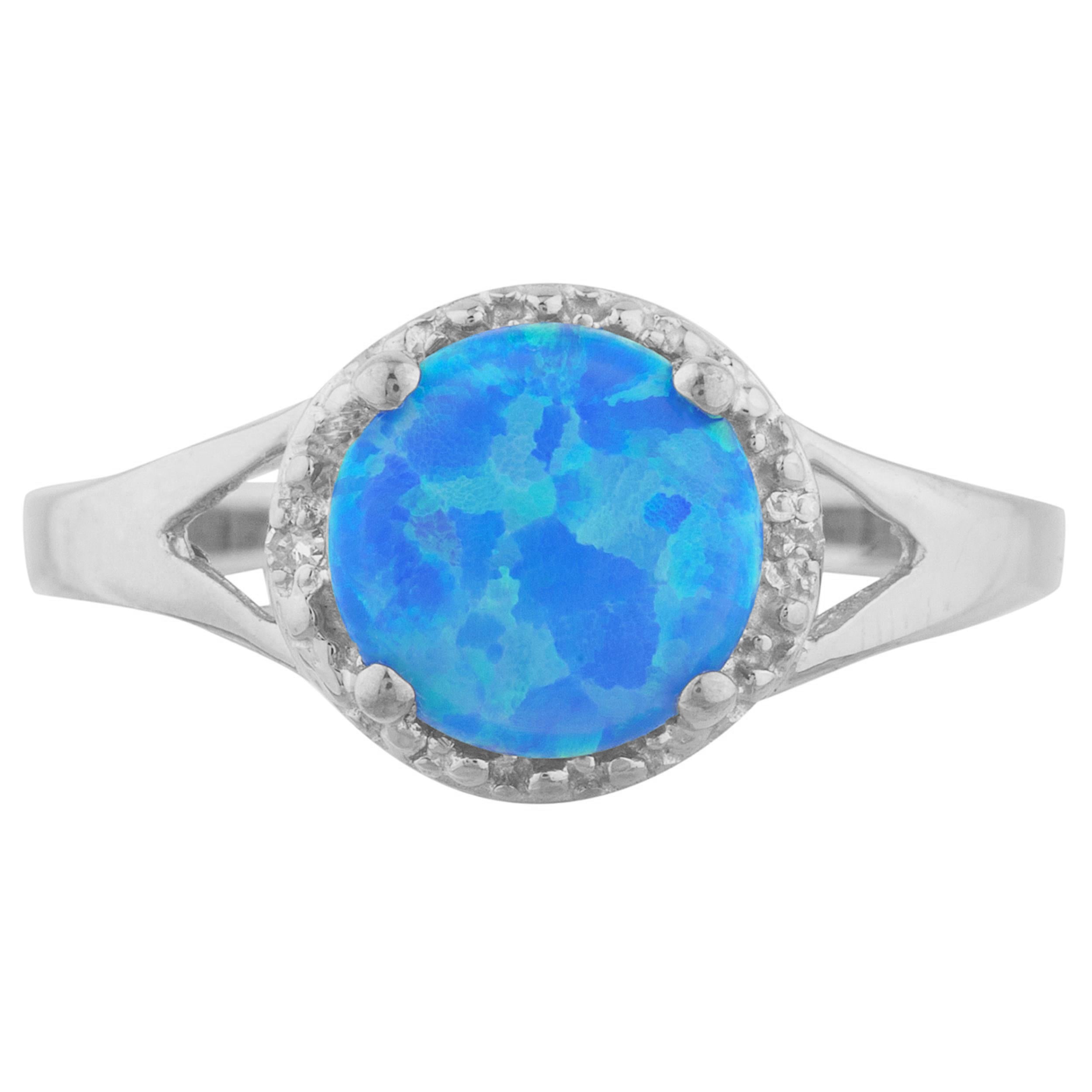 14Kt Gold Blue Opal & Diamond Halo Design Round Ring