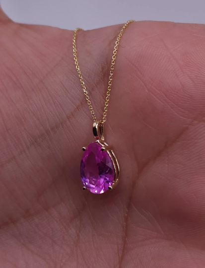 14Kt Gold Pink Sapphire Teardrop Pendant Necklace