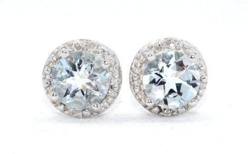 2 Ct Genuine Aquamarine Round Diamond Stud Earrings .925 Sterling Silver