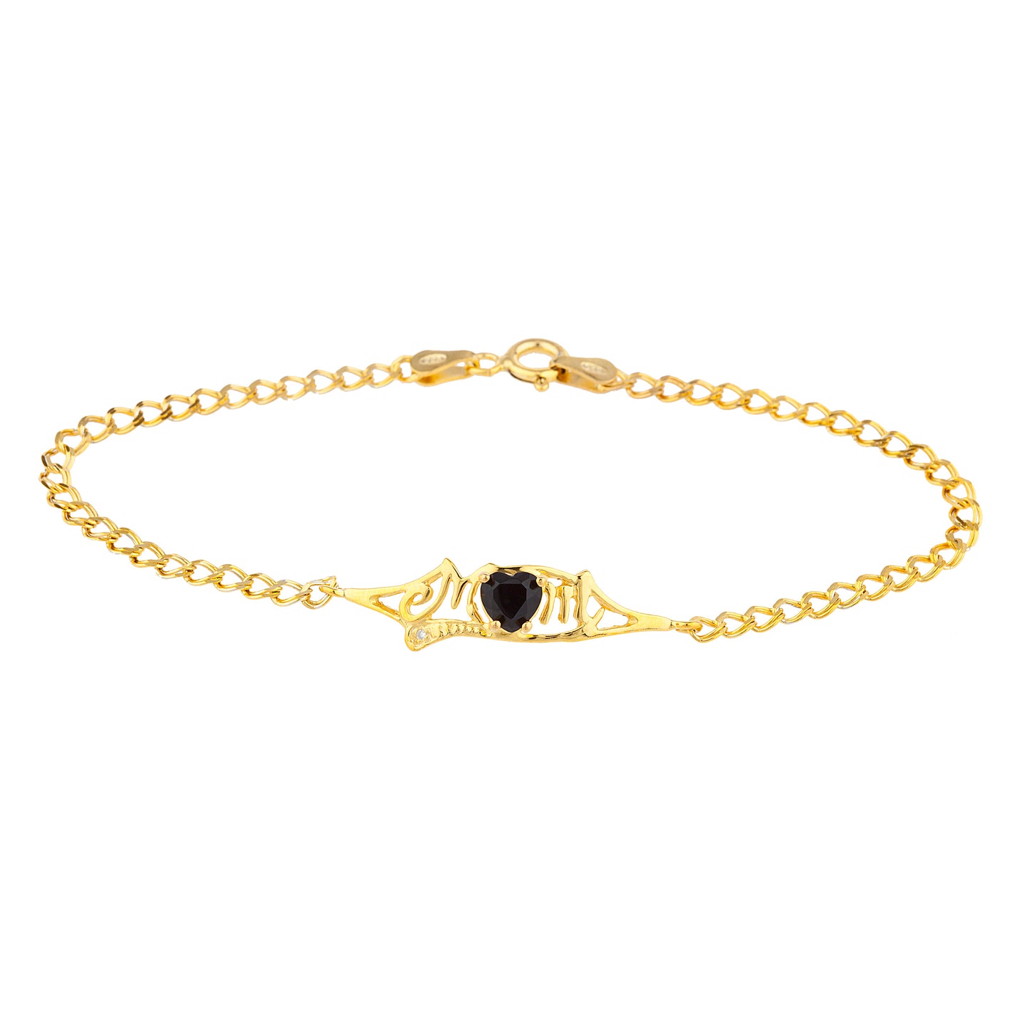 Genuine Black Onyx & Diamond Heart Mom Bracelet 14Kt Yellow Gold Plated Over .925 Sterling Silver