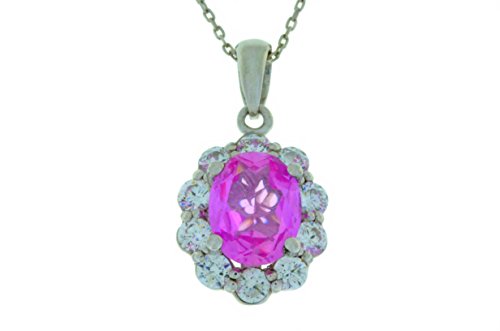 4 Ct Pink Sapphire & White Topaz Oval Pendant .925 Sterling Silver Rhodium Finish