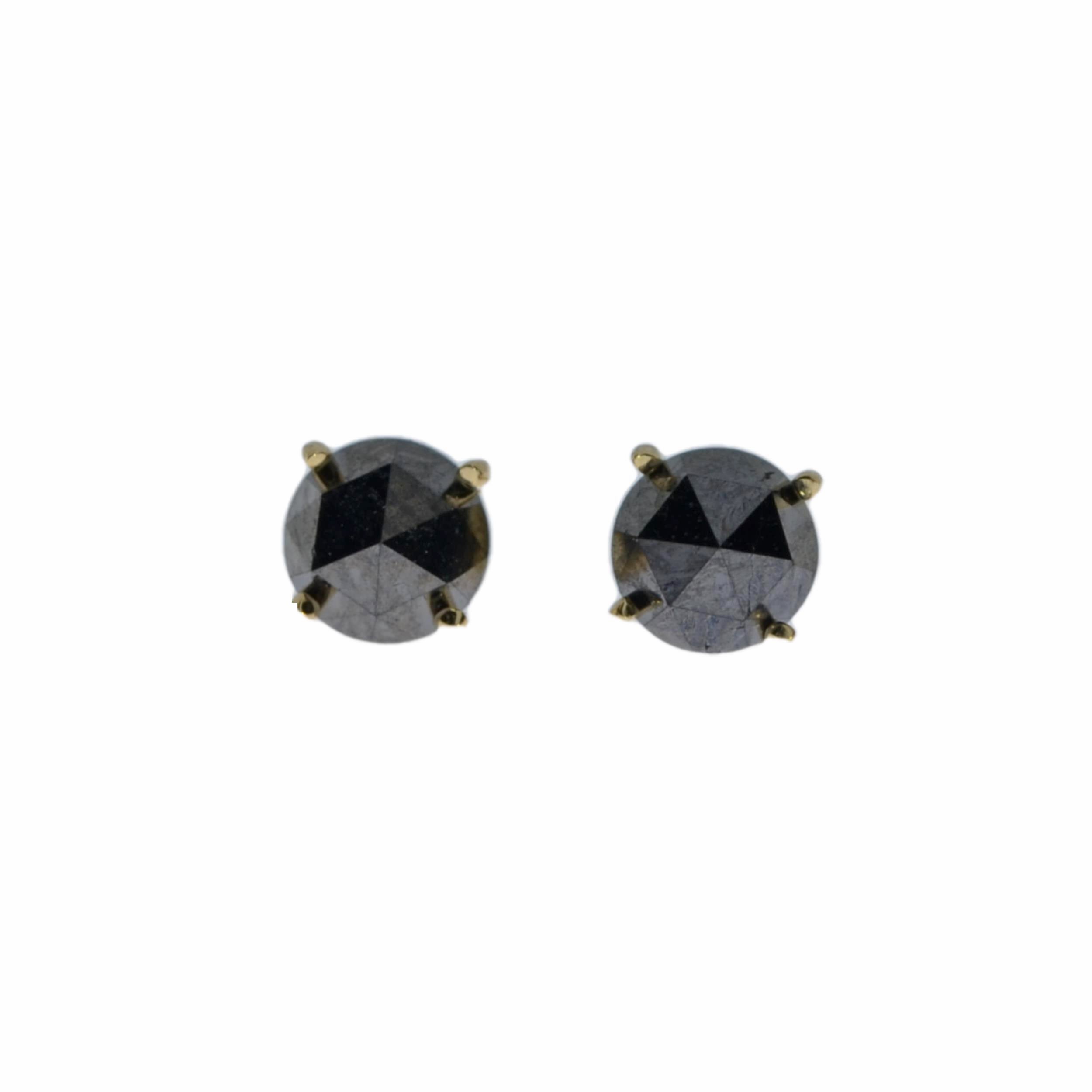 14Kt Gold 0.75 Ct Rose Cut Black Diamond Round Stud Earrings