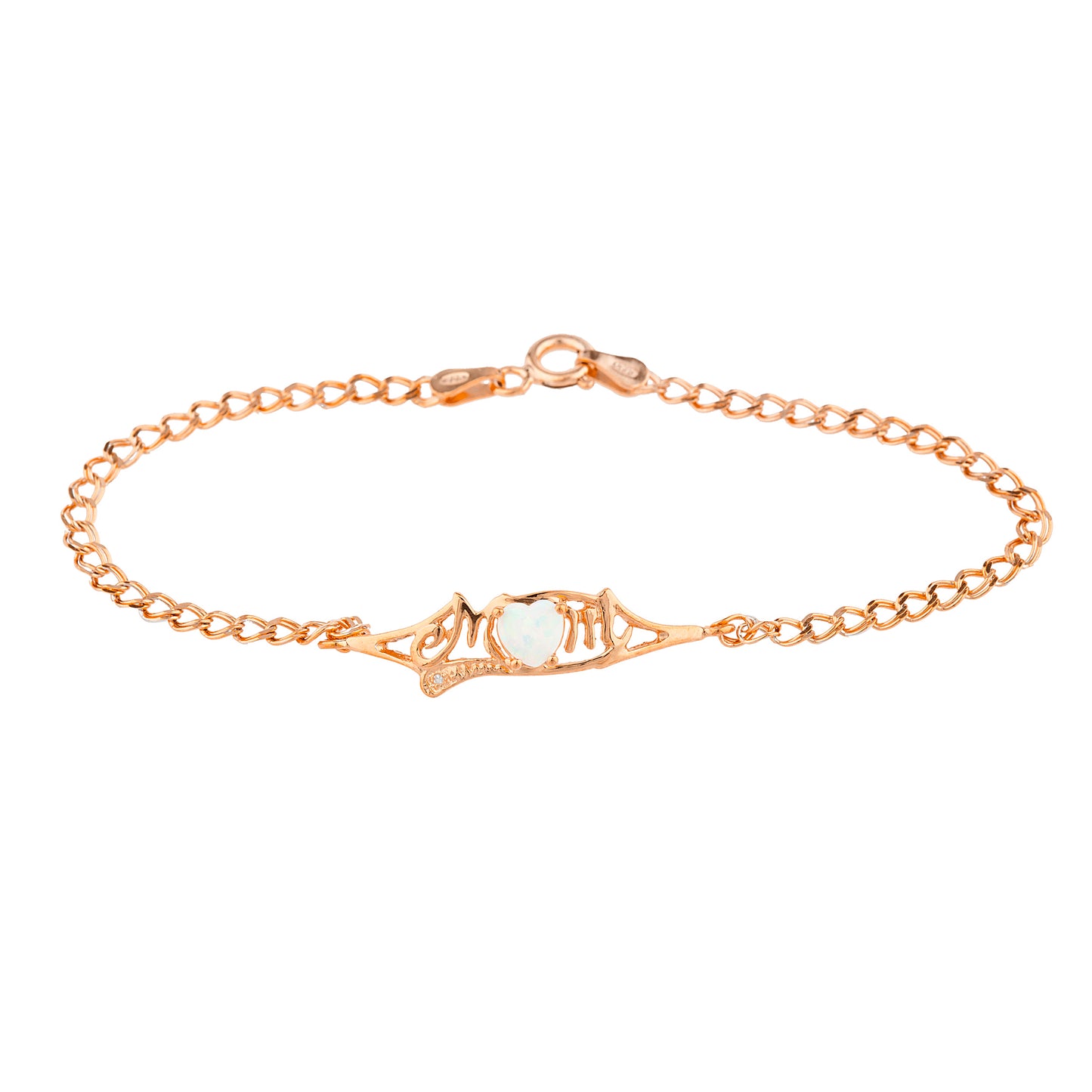 Opal & Diamond Heart Mom Bracelet 14Kt Rose Gold Plated Over .925 Sterling Silver