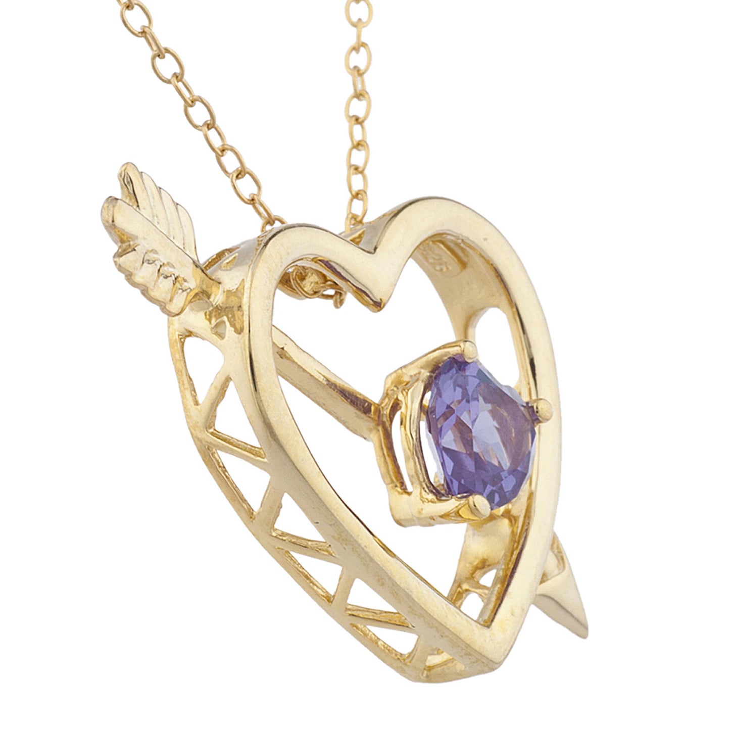 14Kt Yellow Gold Plated Alexandrite Heart Bow & Arrow Pendant