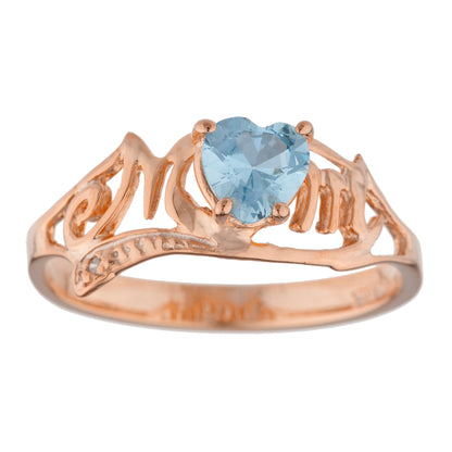 14Kt Gold Aquamarine & Diamond Heart Mom Ring