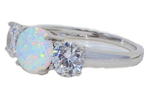 8mm Opal & Zirconia Round Ring .925 Sterling Silver Rhodium Finish