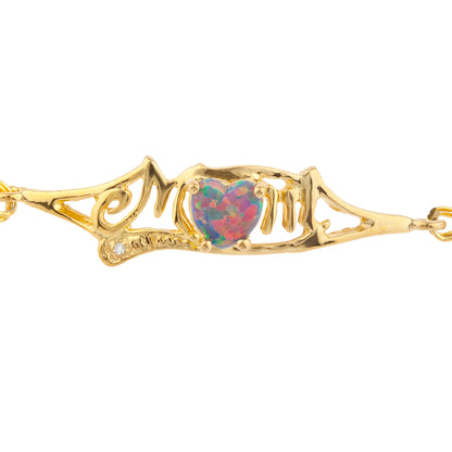 Black Opal & Diamond Heart Mom Bracelet 14Kt Yellow Gold Plated Over .925 Sterling Silver