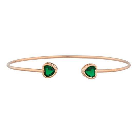 14Kt Rose Gold Plated Emerald Heart Bezel Bangle Bracelet