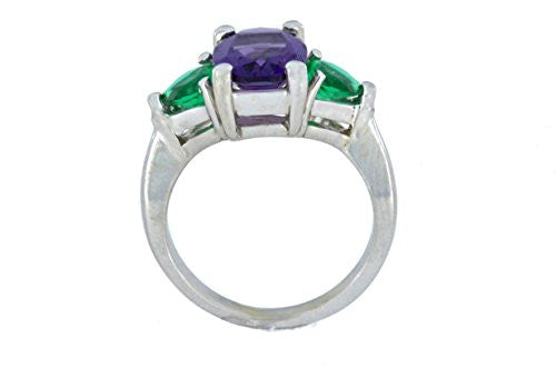 4 Ct Amethyst Oval & Emerald Heart Ring .925 Sterling Silver Rhodium Finish