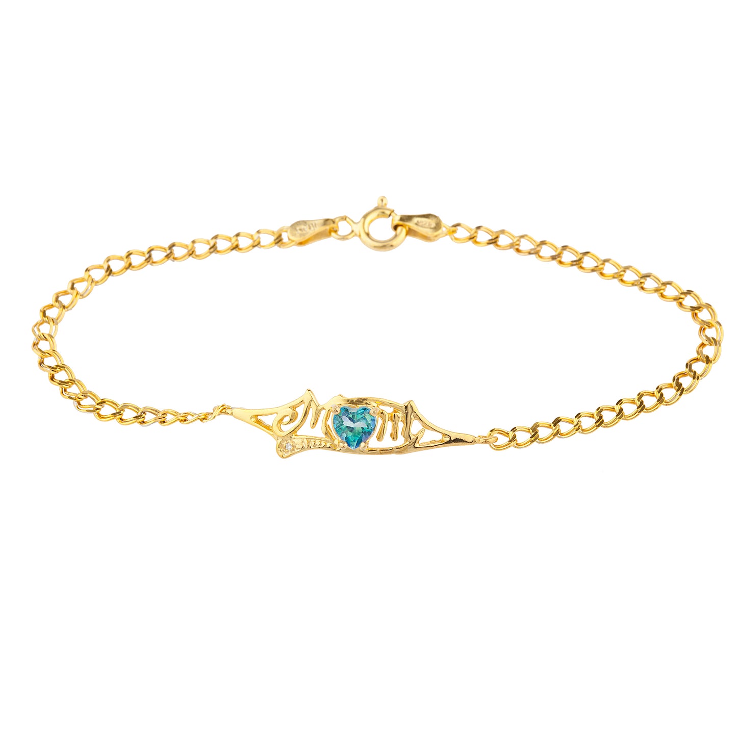 Natural Blue Mystic Topaz & Diamond Heart Mom Bracelet 14Kt Yellow Gold Plated Over .925 Sterling Silver