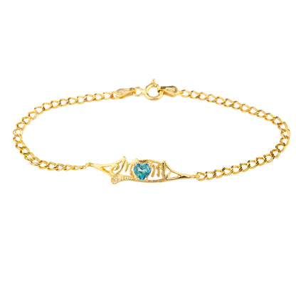 Natural Blue Mystic Topaz & Diamond Heart Mom Bracelet 14Kt Yellow Gold Plated Over .925 Sterling Silver