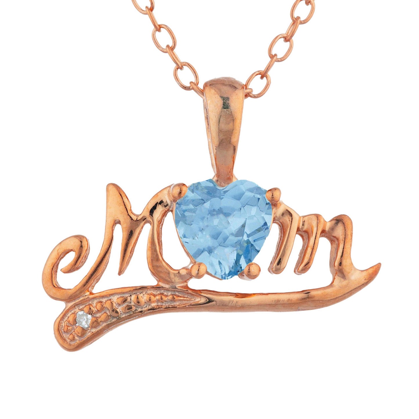 14Kt Rose Gold Plated Blue Topaz & Diamond Heart Mom Pendant