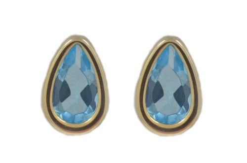 14Kt Yellow Gold Genuine Aquamarine Pear Bezel Stud Earrings