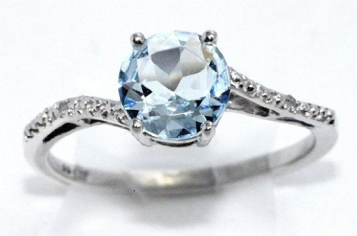 1.5 Ct Genuine Aquamarine & Diamond Round Ring .925 Sterling Silver Rhodium Finish