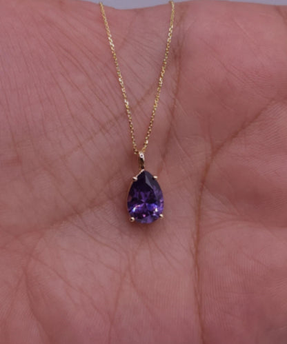 14Kt Gold Amethyst Teardrop Pendant Necklace