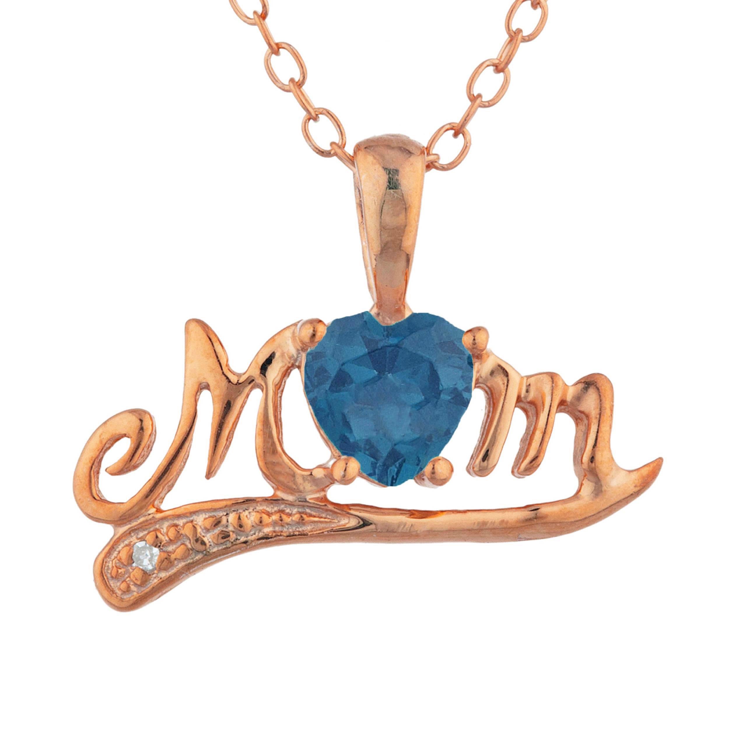 14Kt Gold London Blue Topaz & Diamond Heart Mom Pendant Necklace