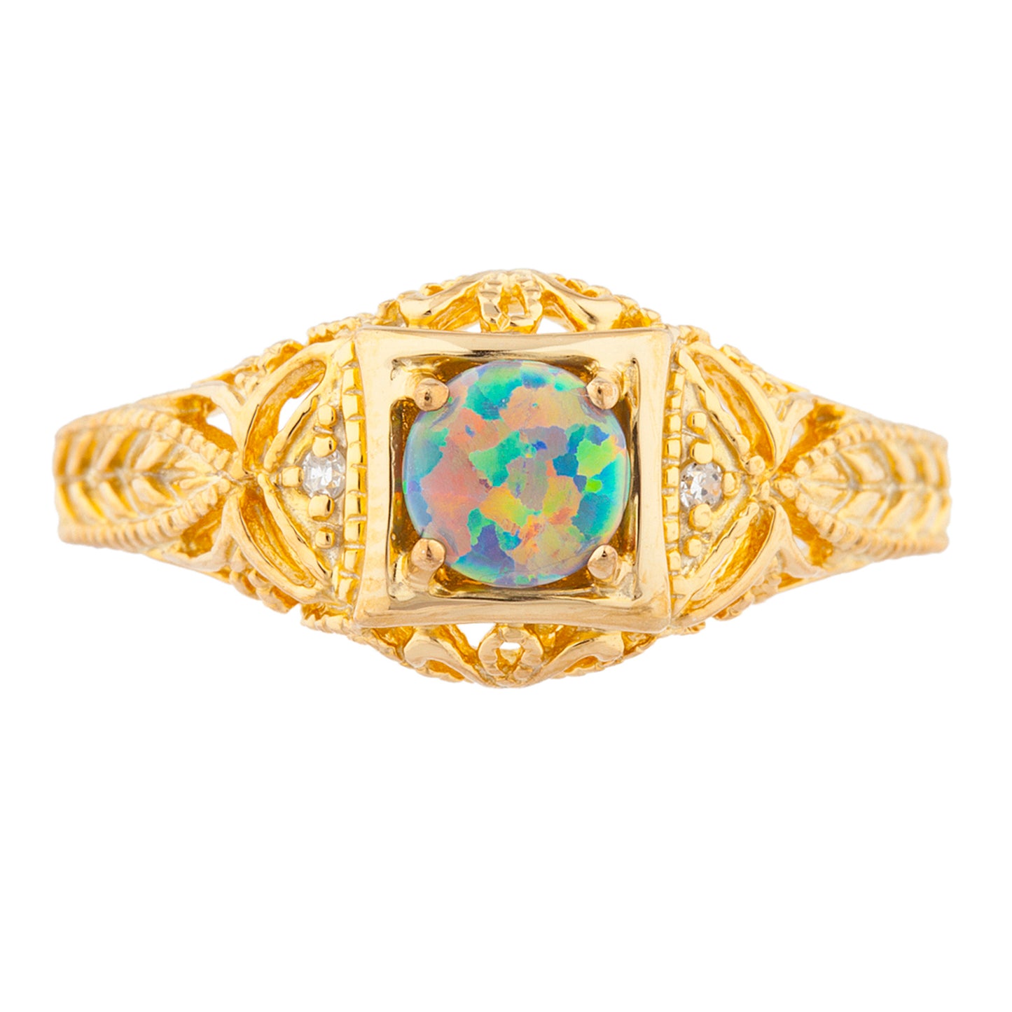 14Kt Gold Black Opal & Diamond Design Round Ring