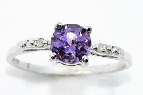 1 Ct Alexandrite & Diamond Round Ring .925 Sterling Silver Rhodium Finish