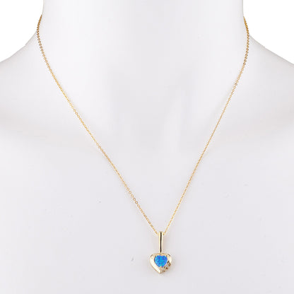 14Kt Gold Blue Opal & Diamond Heart Design Pendant Necklace