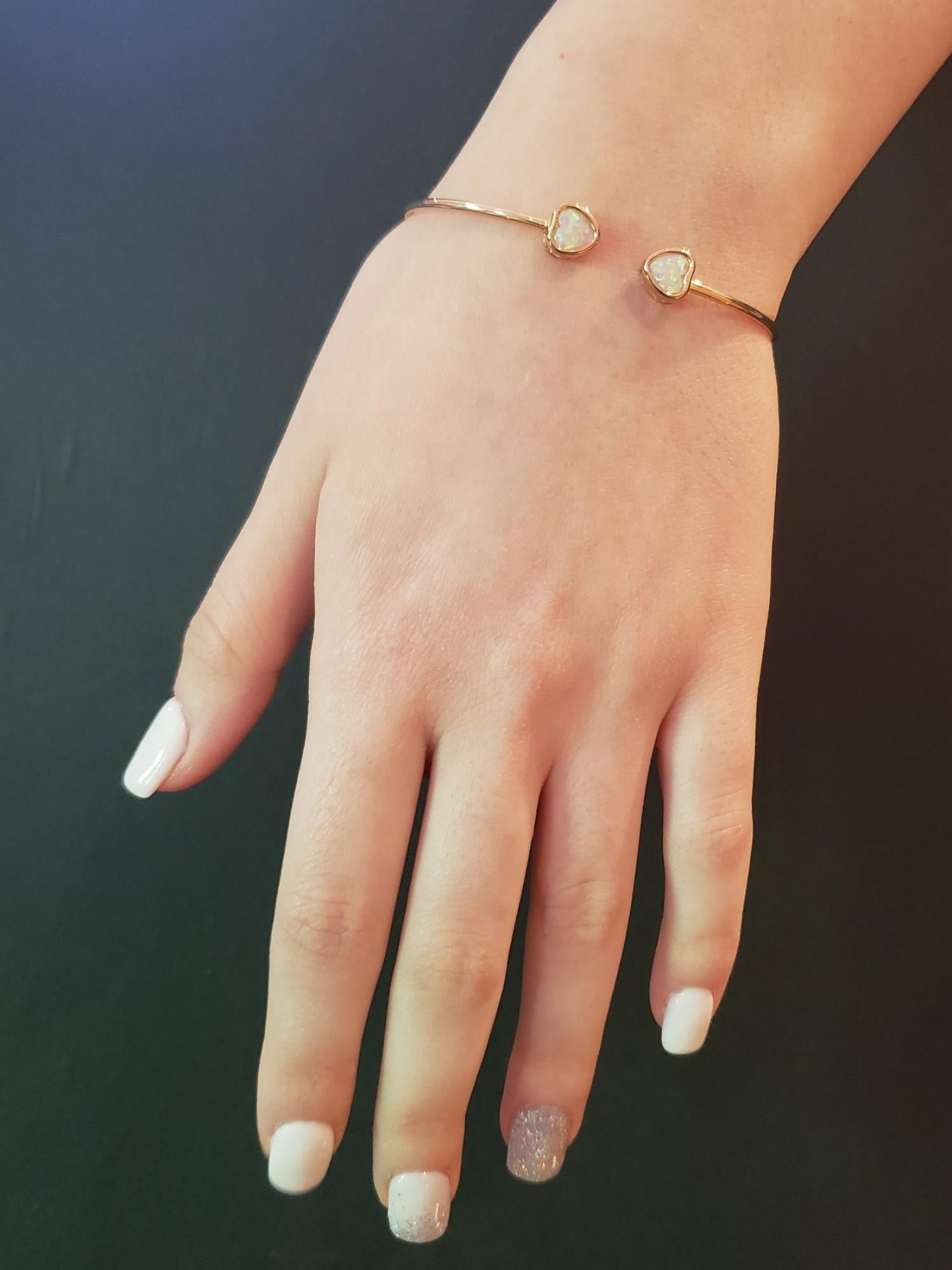 14Kt Gold Pink Opal Heart Bezel Bangle Bracelet