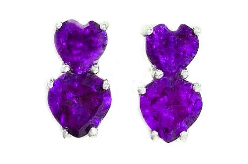 3 Ct Amethyst Double Heart Stud Earrings .925 Sterling Silver