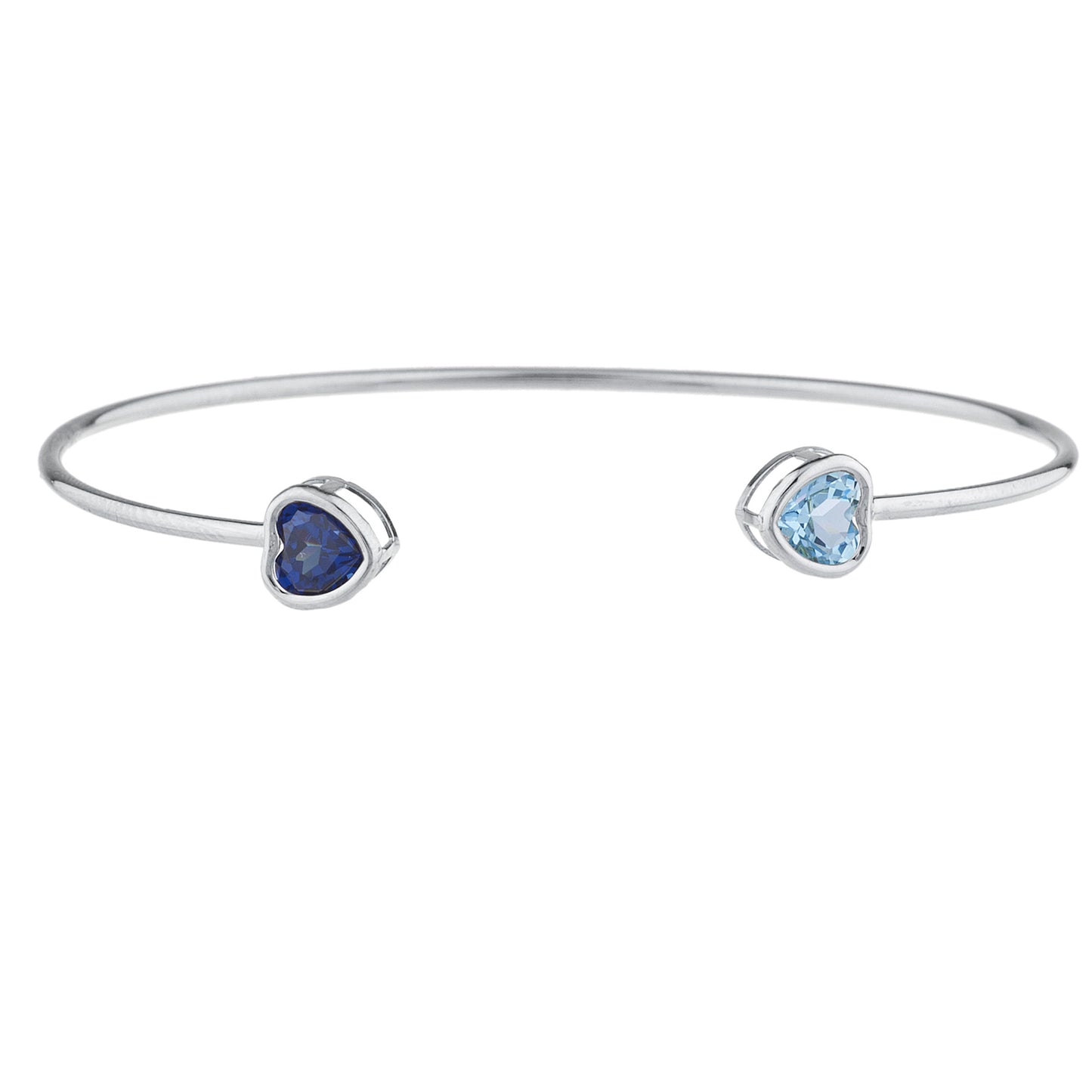 Created Blue Sapphire & Blue Topaz Heart Bezel Bangle Bracelet .925 Sterling Silver