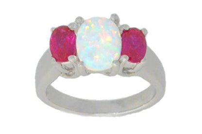 Opal & Ruby Oval Ring .925 Sterling Silver Rhodium Finish