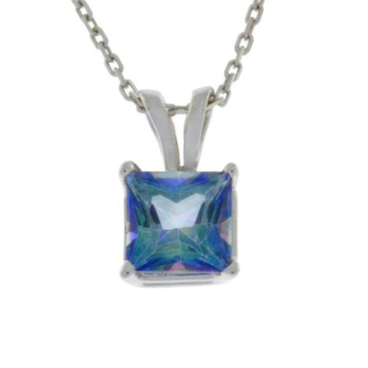 14Kt Gold Natural Blue Mystic Topaz Princess Cut Pendant Necklace