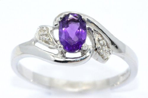 0.50 Ct Amethyst & Diamond Oval Ring .925 Sterling Silver Rhodium Finish