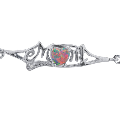 Black Opal & Diamond Heart Mom Bracelet .925 Sterling Silver