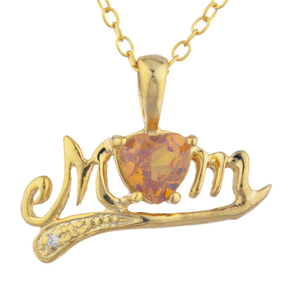 14Kt Gold Orange Citrine & Diamond Heart Mom Pendant Necklace