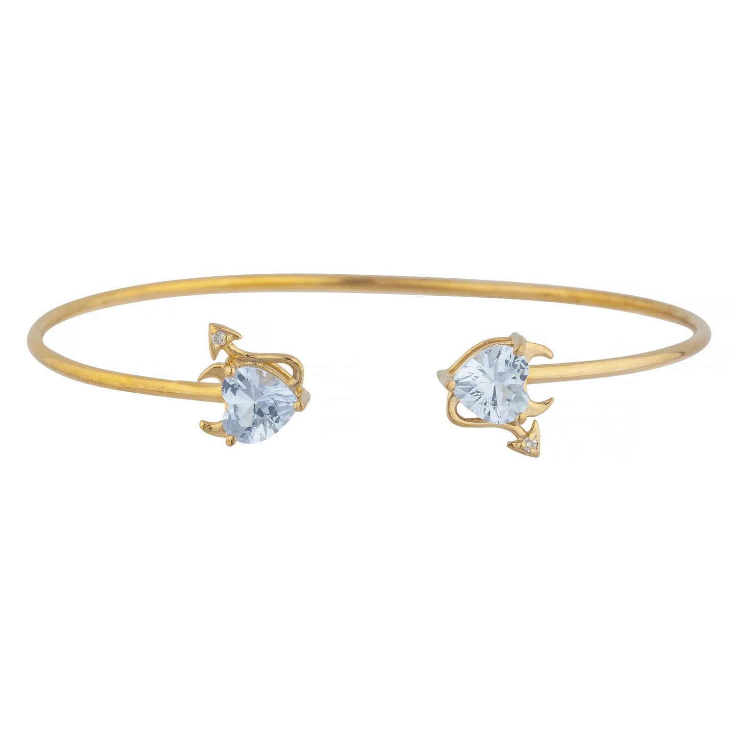 Genuine Aquamarine & Diamond Devil Heart Bangle Bracelet 14Kt Yellow Gold Rose Gold Silver