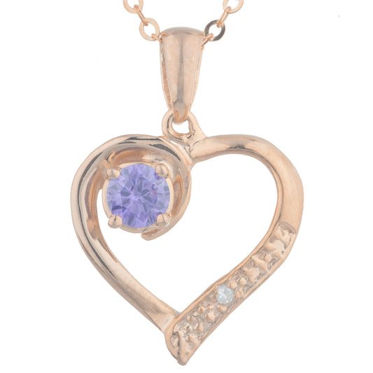 14Kt Rose Gold Plated Amethyst & Diamond Heart Pendant