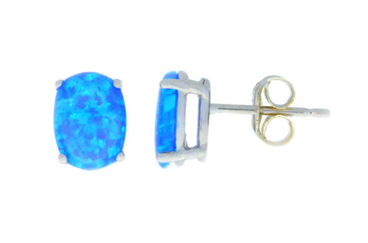 8x6mm Blue Opal Oval Stud Earrings 14Kt White Gold