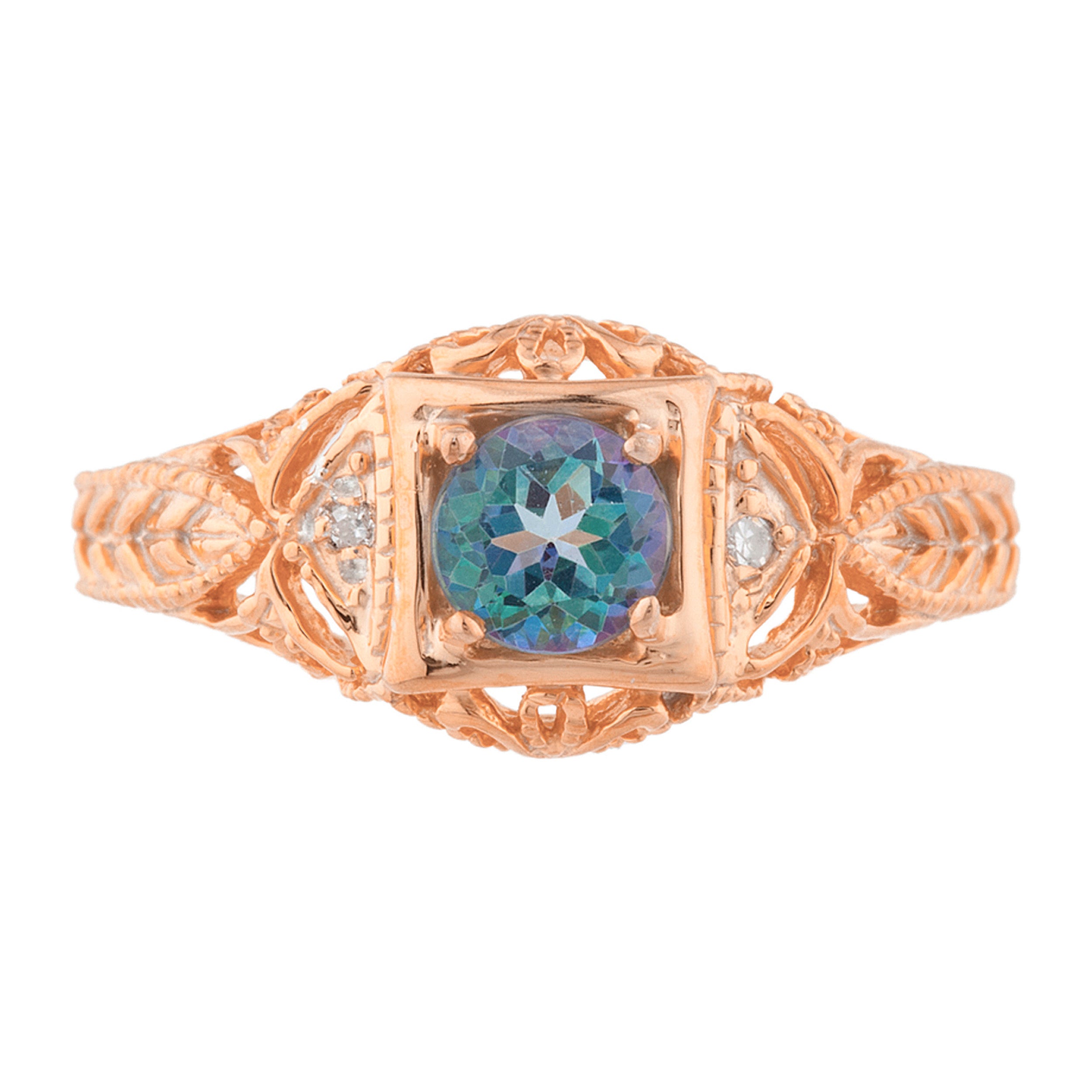 14Kt Gold Natural Blue Mystic Topaz & Diamond Design Round Ring