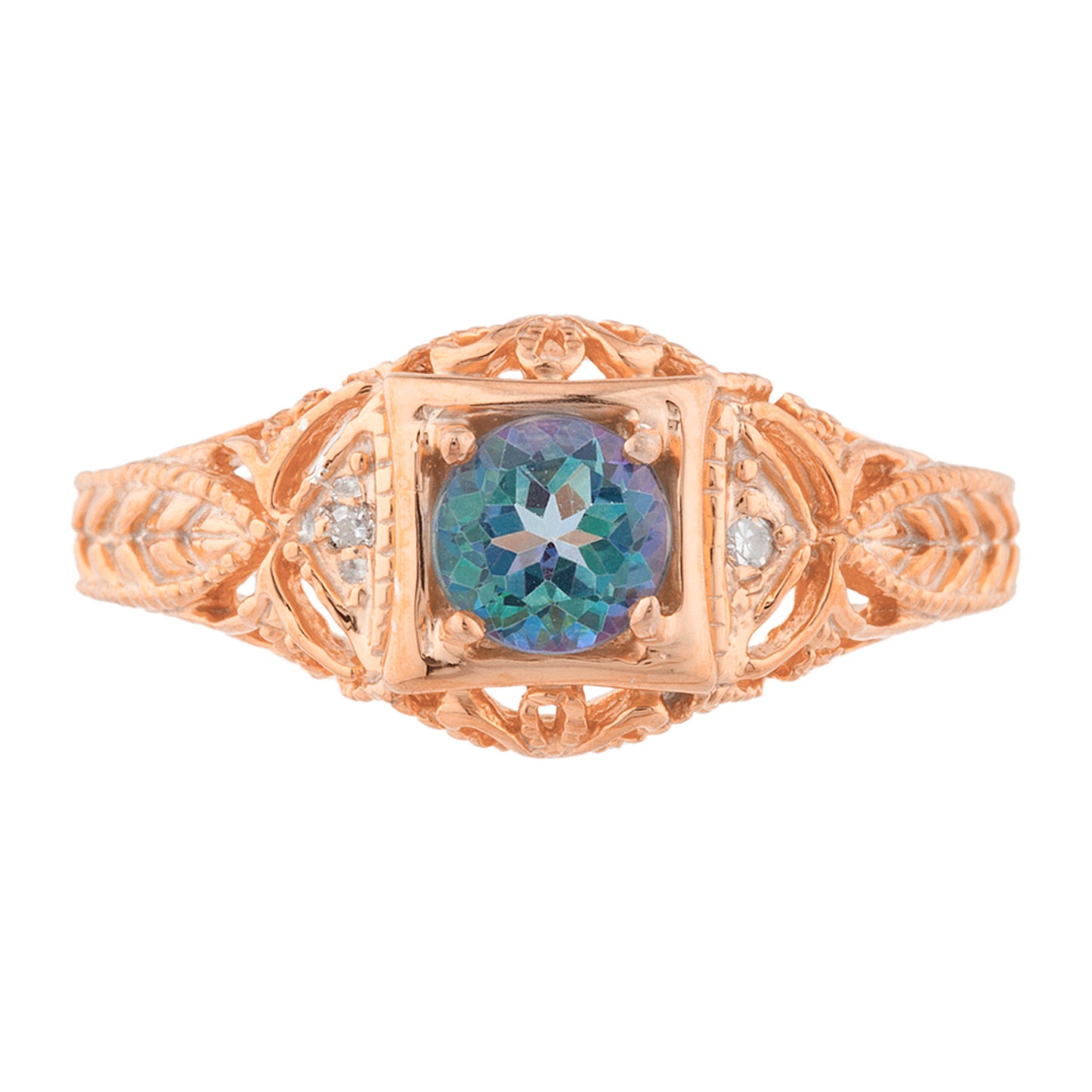 14Kt Gold Natural Blue Mystic Topaz & Diamond Design Round Ring