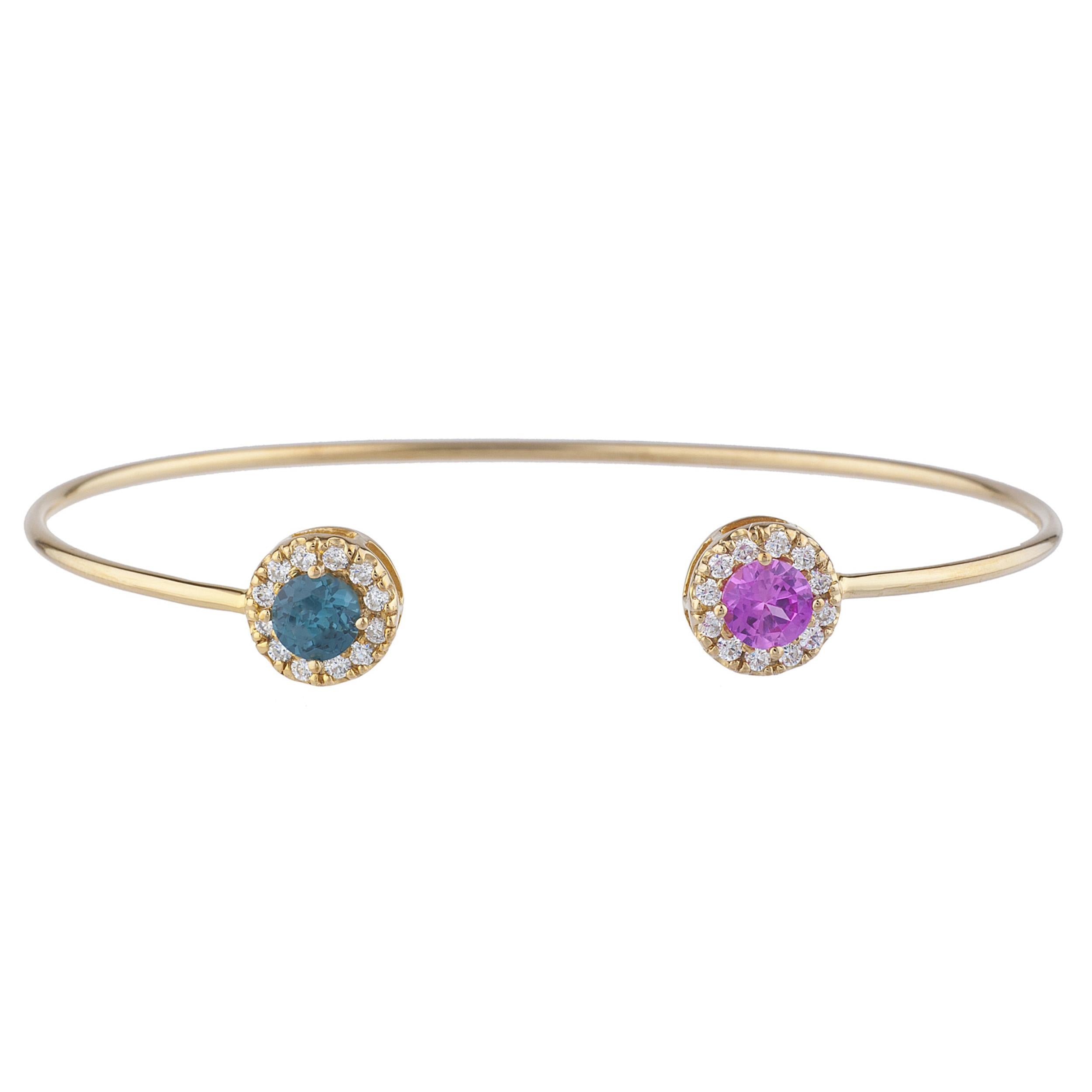 1 Ct Pink Sapphire & London Blue Topaz Halo Design Round Bangle Bracelet 14Kt Yellow Gold Rose Gold Silver
