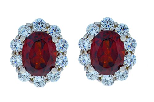 8 Ct Garnet & Zirconia Oval Stud Earrings .925 Sterling Silver