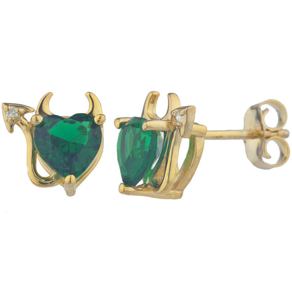 14Kt Gold Emerald & Diamond Devil Heart Stud Earrings