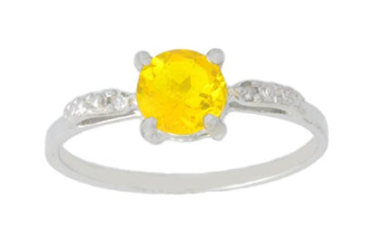 1 Ct Yellow Citrine & Diamond Round Ring .925 Sterling Silver Rhodium Finish