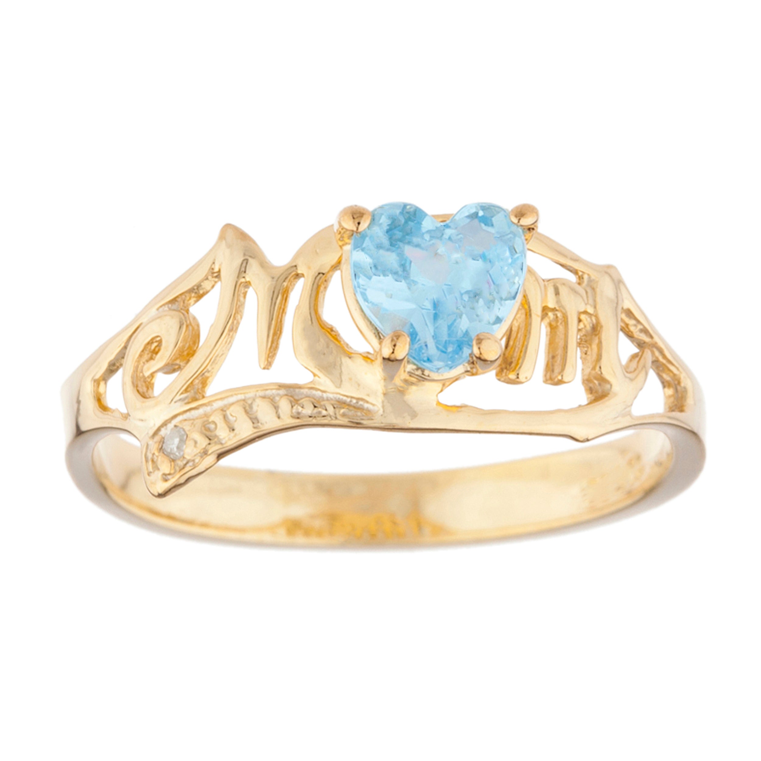 14Kt Gold Blue Topaz & Diamond Heart Mom Ring