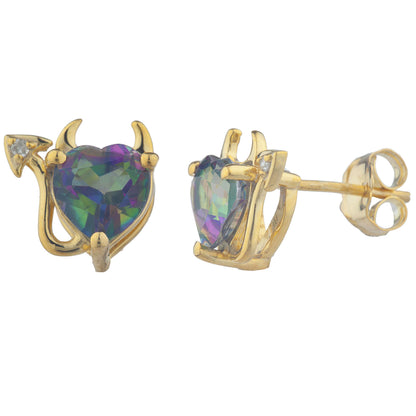 Natural Mystic Topaz & Diamond Devil Heart Stud Earrings 14Kt Yellow Gold Plated