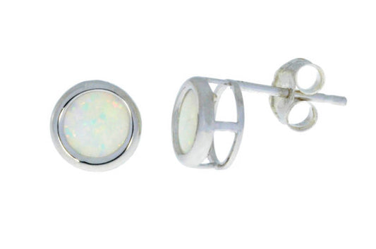 14Kt White Gold Opal Round Bezel Stud Earrings